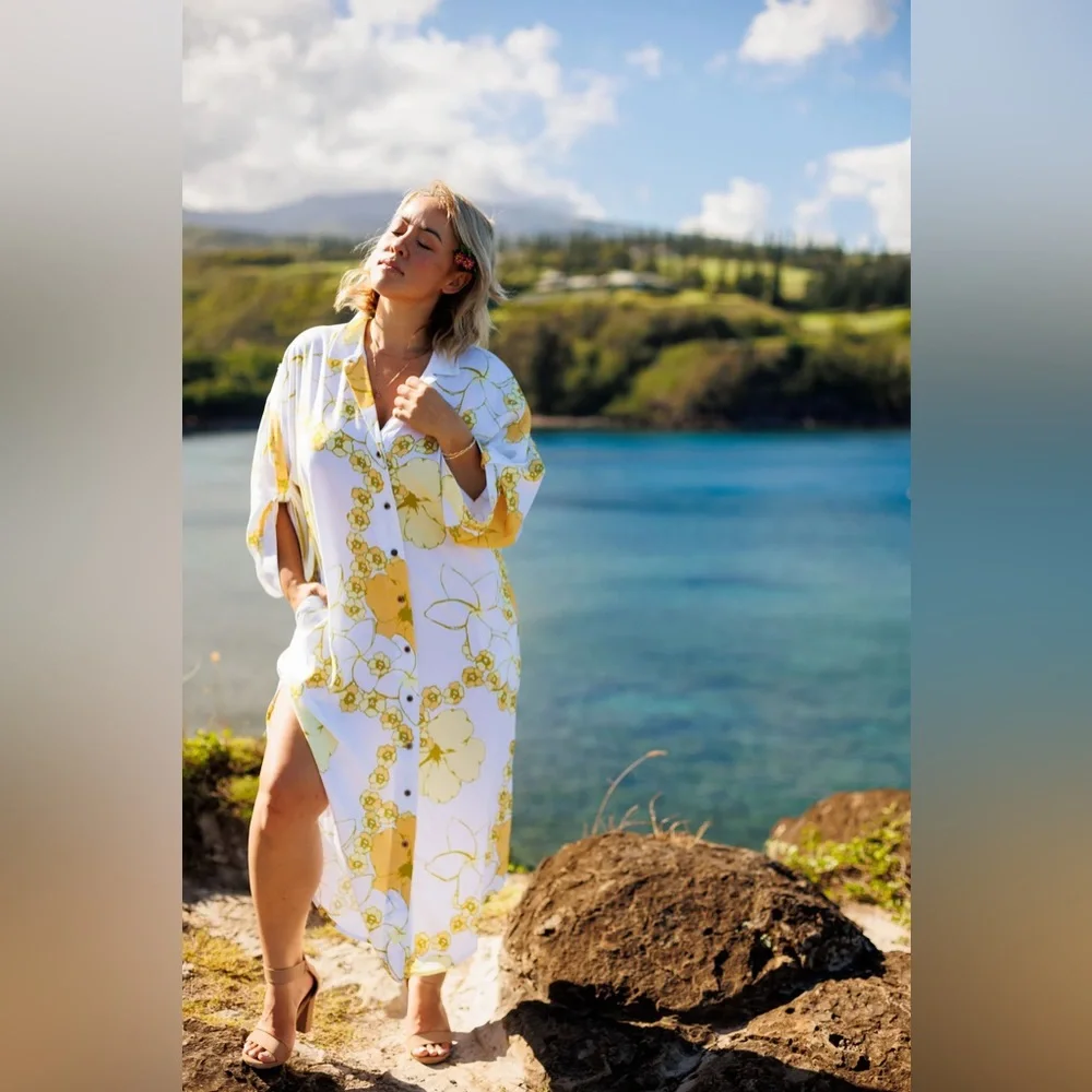 Paradise Now Hawaii XS Vintage Plumeria Button Down Maxi Dress NWOT - Picture 6 of 6